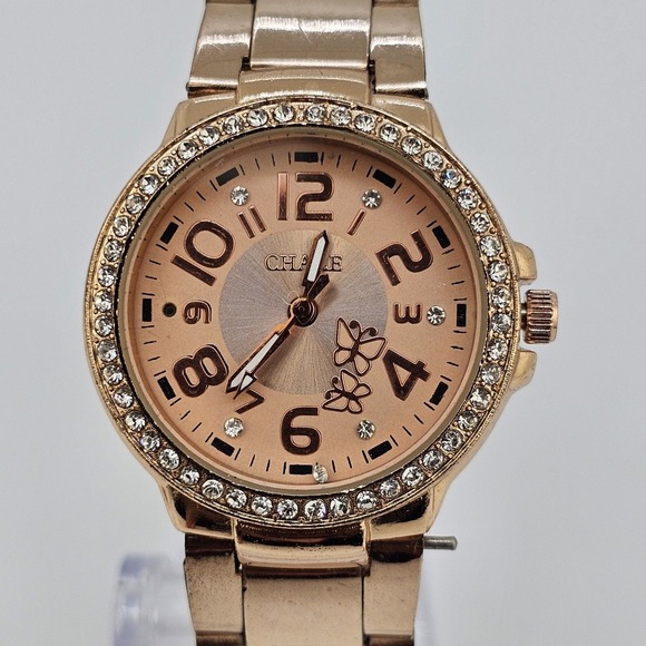 30MM Women's Watch Gold Dial Crystal‎ Bezel Gold Bracelet Band 6.5" New Battery - Picture 3 of 14